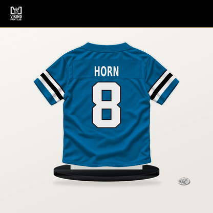 Jaycee Horn number 8 Carolina Panthers jersey stand with included black base.