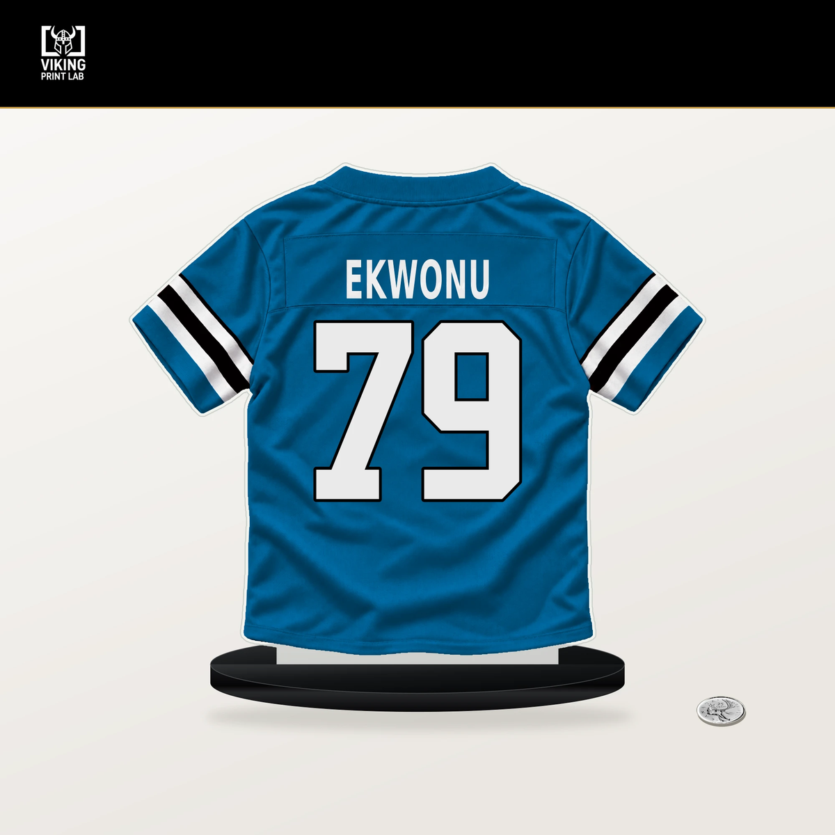 Ikem Ekwonu number 79 Carolina Panthers jersey stand with included black base.