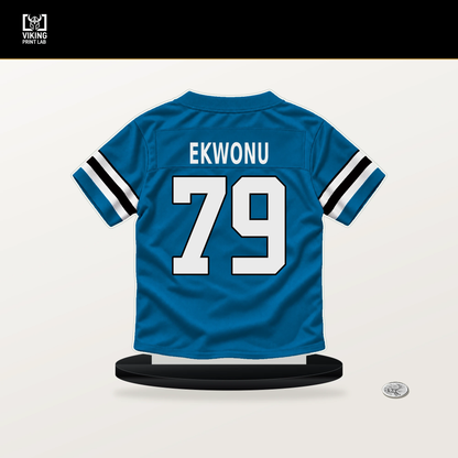 Ikem Ekwonu number 79 Carolina Panthers jersey stand with included black base.