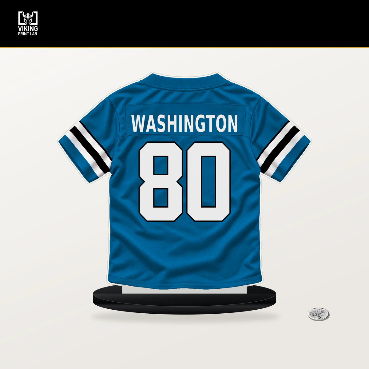 Casey Washington number 80 Carolina Panthers jersey stand with included black base.