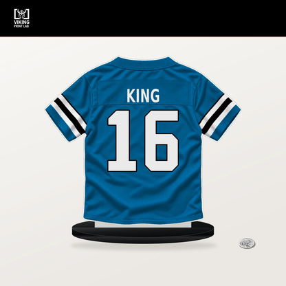 Haynes King number 16 Carolina Panthers jersey stand with included black base.