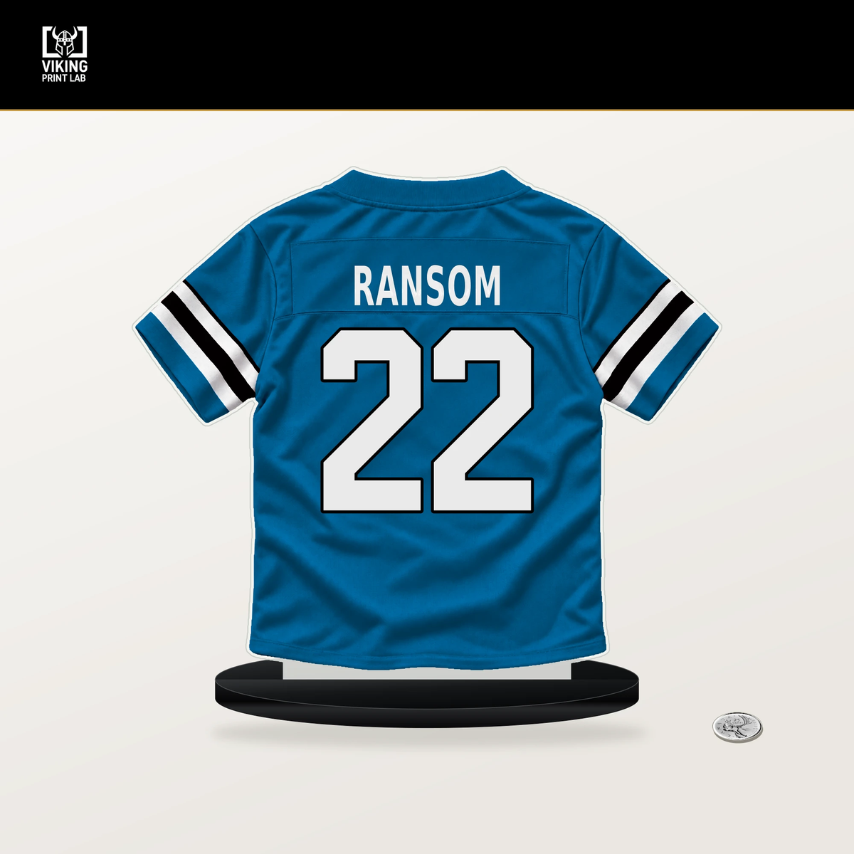 Lathan Ransom number 22 Carolina Panthers jersey stand with included black base.