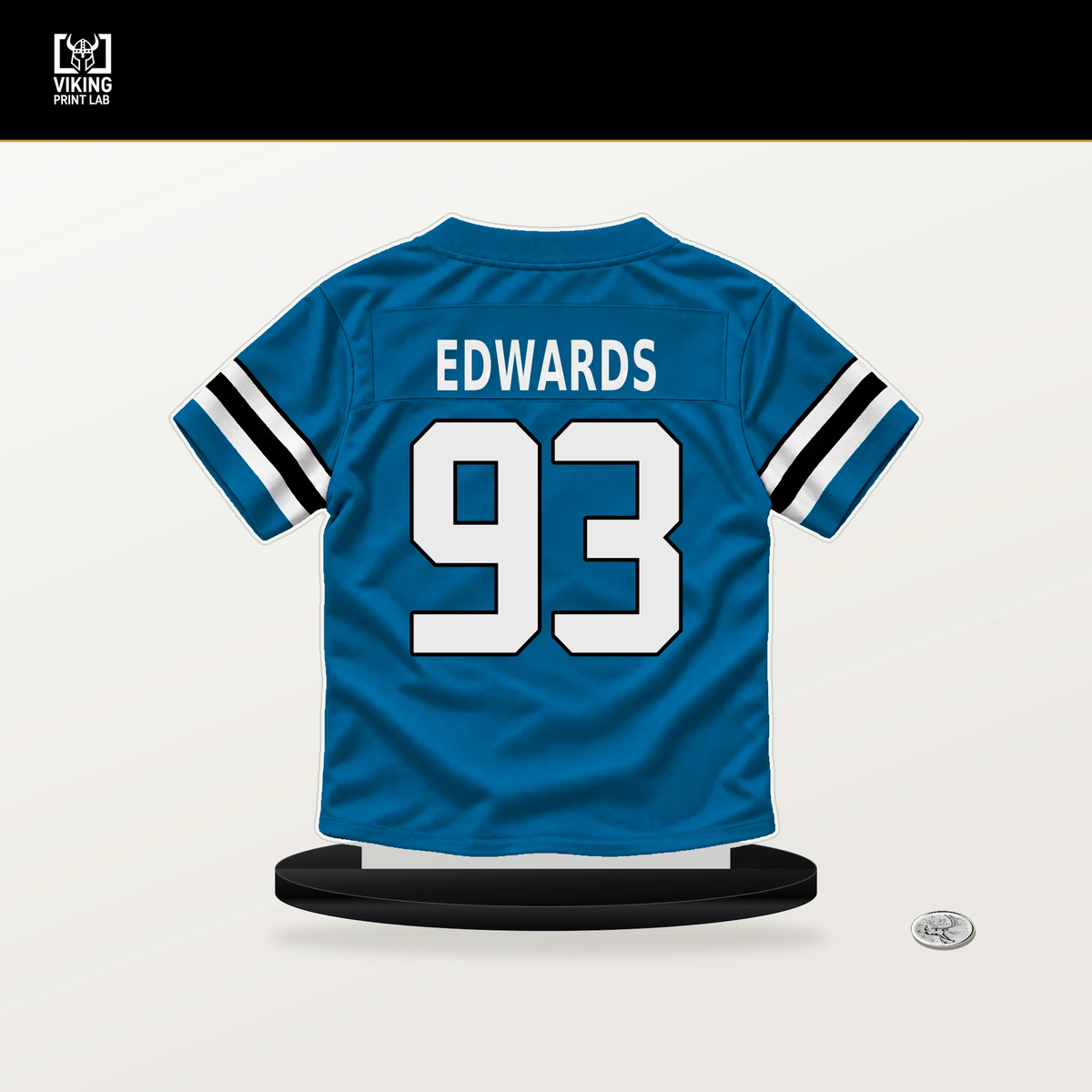TeRah Edwards number 93 Carolina Panthers jersey stand with included black base.