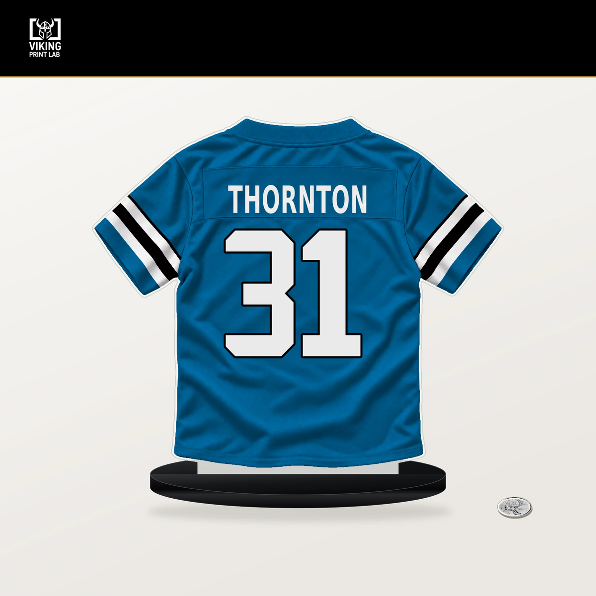Corey Thornton number 31 Carolina Panthers jersey stand with included black base.