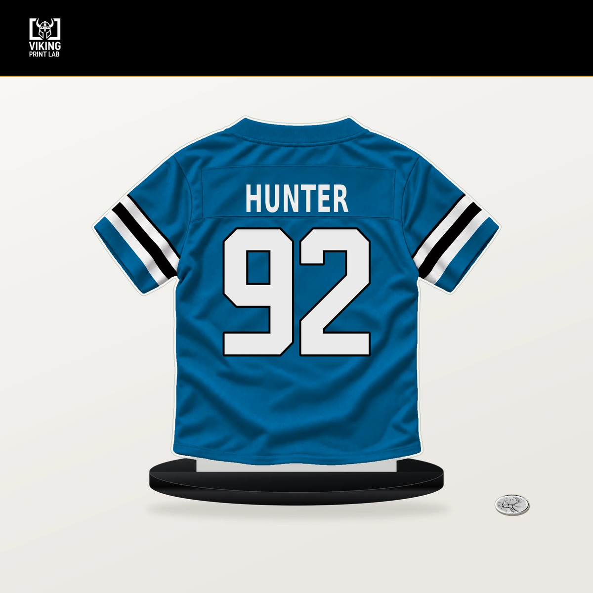 Lee Hunter number 92 Carolina Panthers jersey stand with included black base.