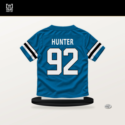 Lee Hunter number 92 Carolina Panthers jersey stand with included black base.