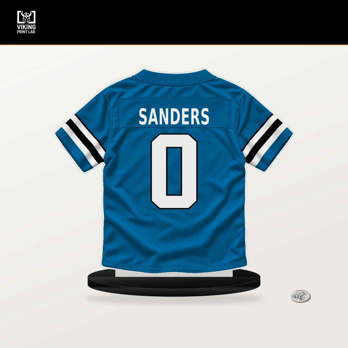 Ja'Tavion Sanders number 0 Carolina Panthers jersey stand with included black base.