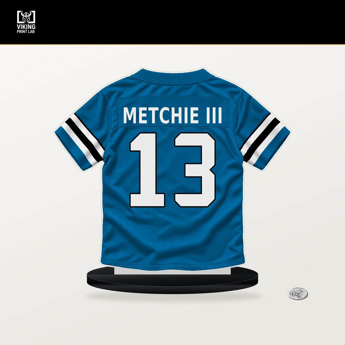 John Metchie III number 13 Carolina Panthers jersey stand with included black base.