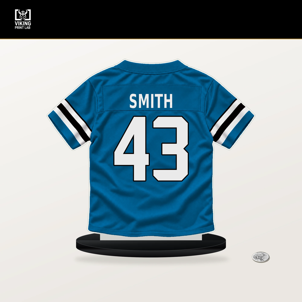 DeVonta Smith number 43 Carolina Panthers jersey stand with included black base.