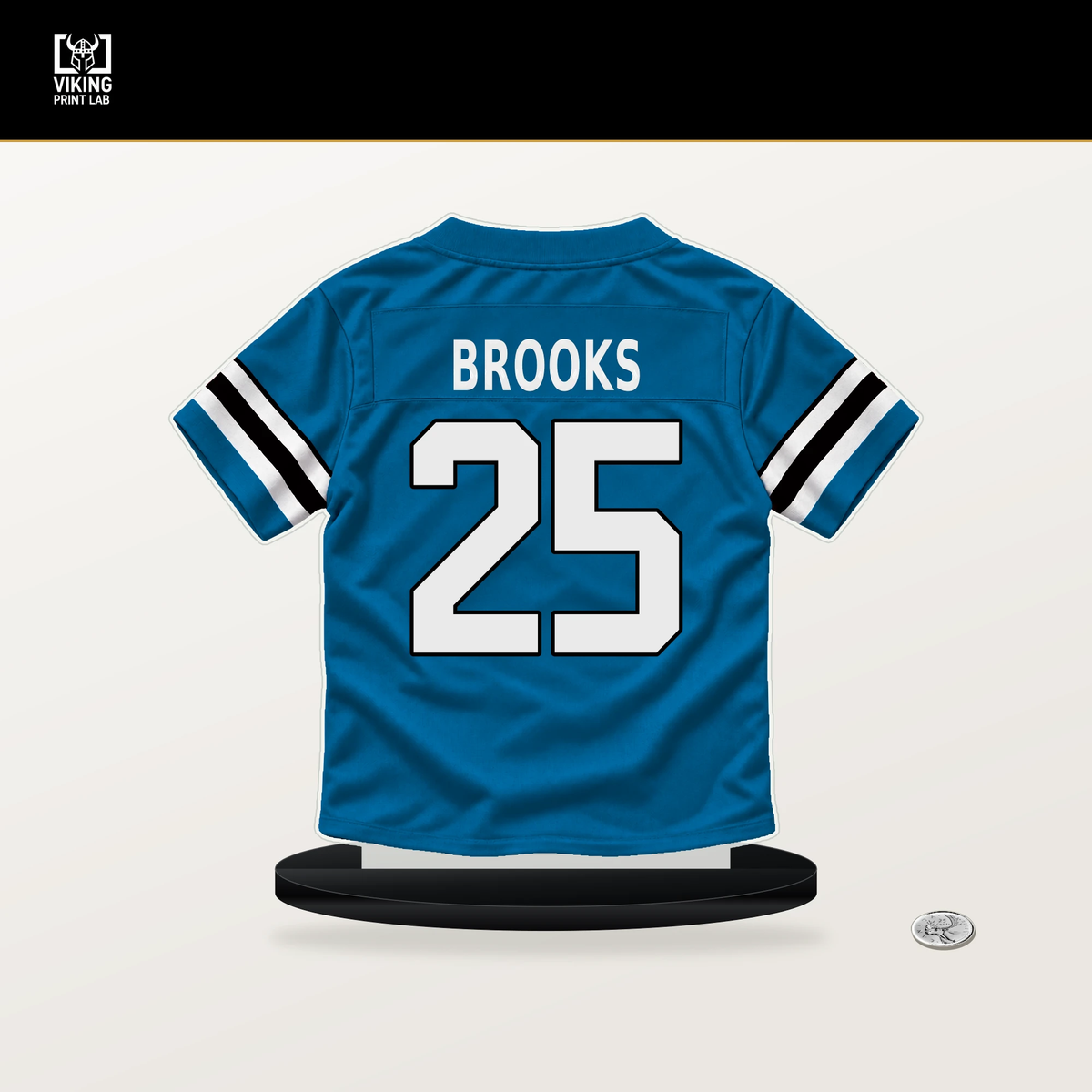 Jonathon Brooks number 25 Carolina Panthers jersey stand with included black base.