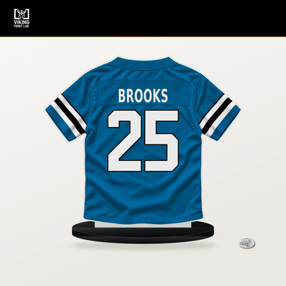 Jonathon Brooks number 25 Carolina Panthers jersey stand with included black base.