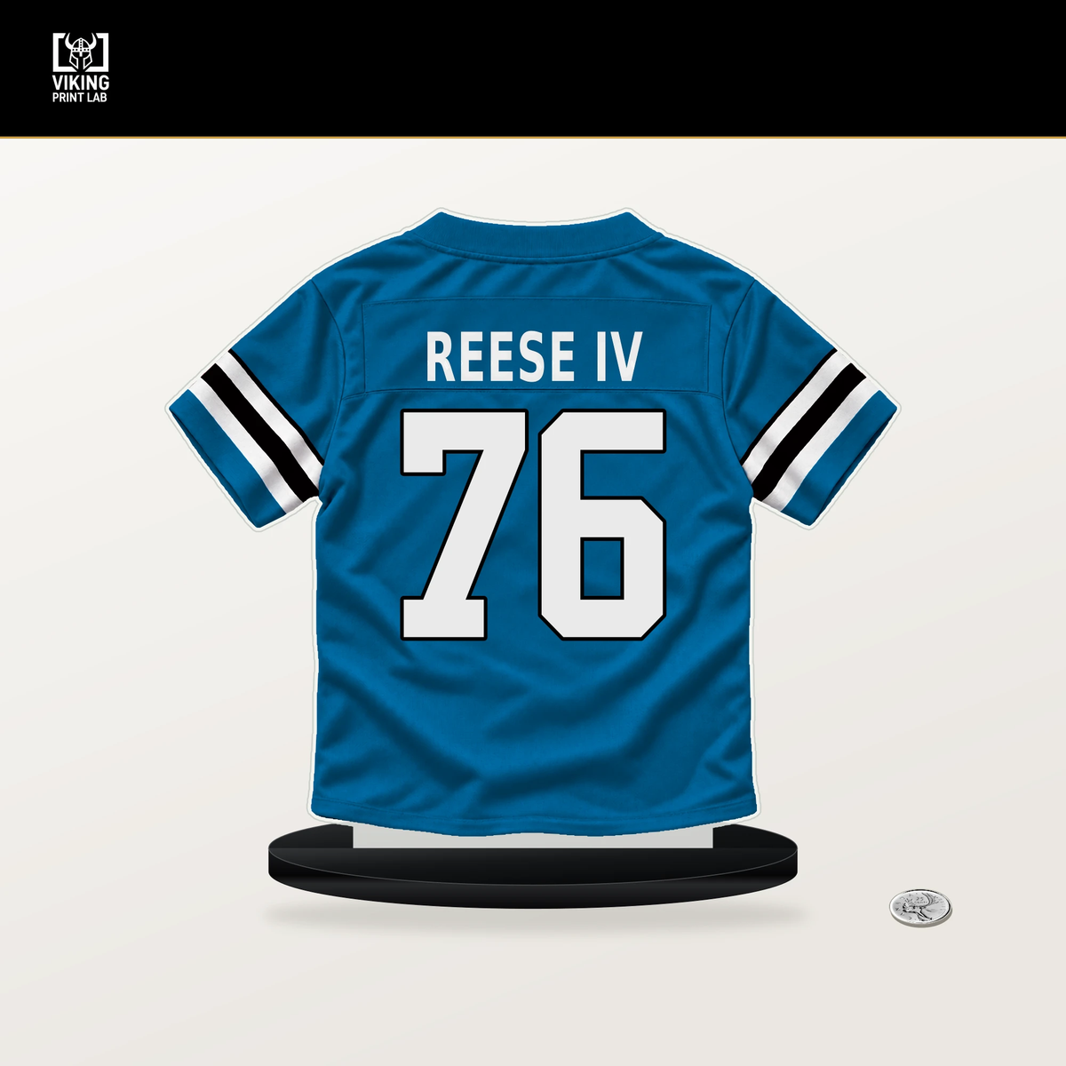 Albert Reese IV number 76 Carolina Panthers jersey stand with included black base.