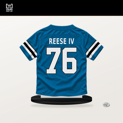 Albert Reese IV number 76 Carolina Panthers jersey stand with included black base.