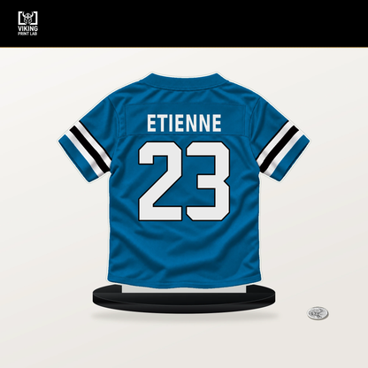 Trevor Etienne number 23 Carolina Panthers jersey stand with included black base.