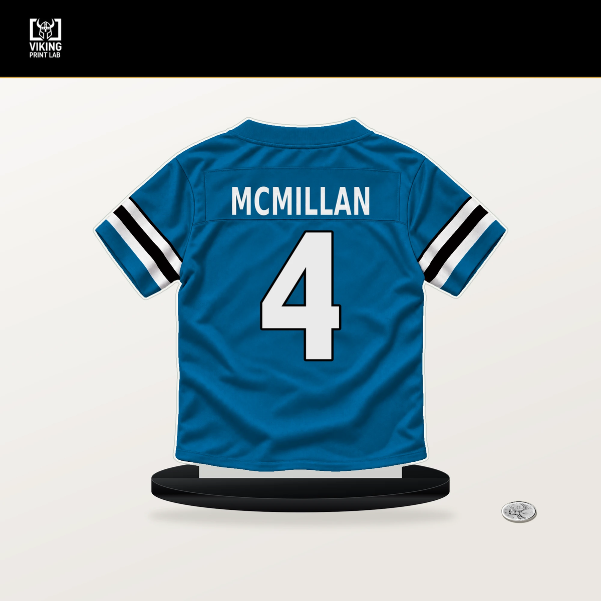 Tetairoa McMillan number 4 Carolina Panthers jersey stand with included black base.