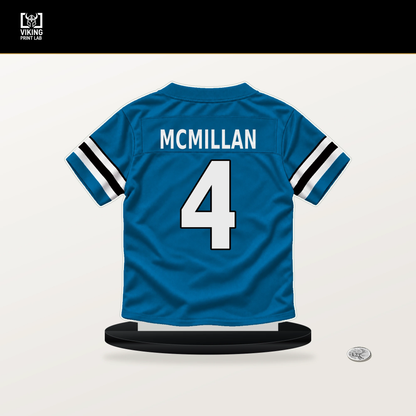 Tetairoa McMillan number 4 Carolina Panthers jersey stand with included black base.