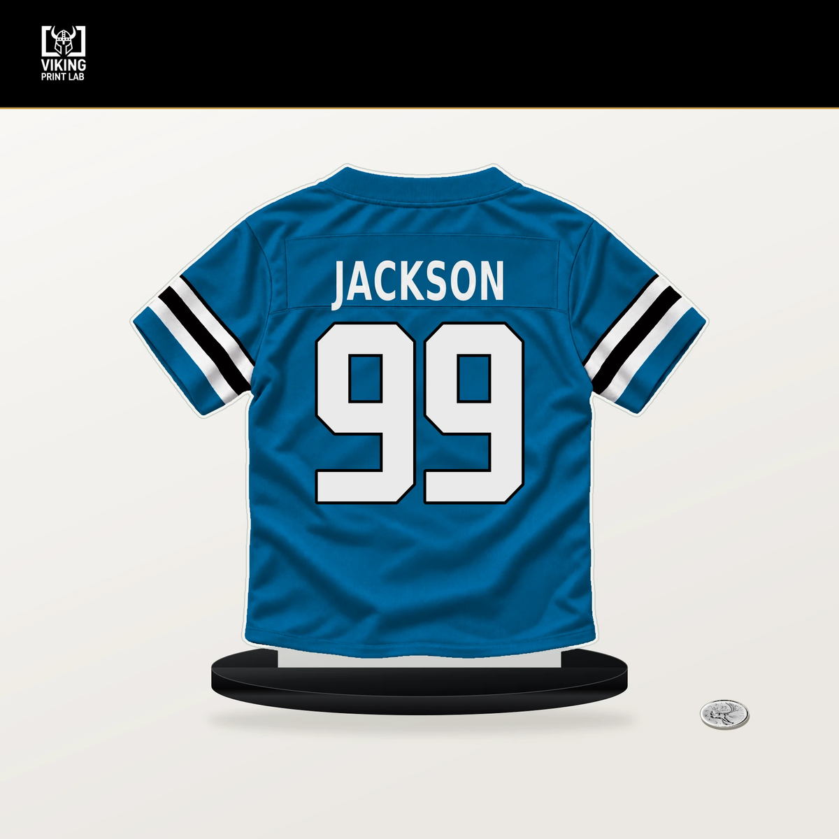 Cam Jackson number 99 Carolina Panthers jersey stand with included black base.