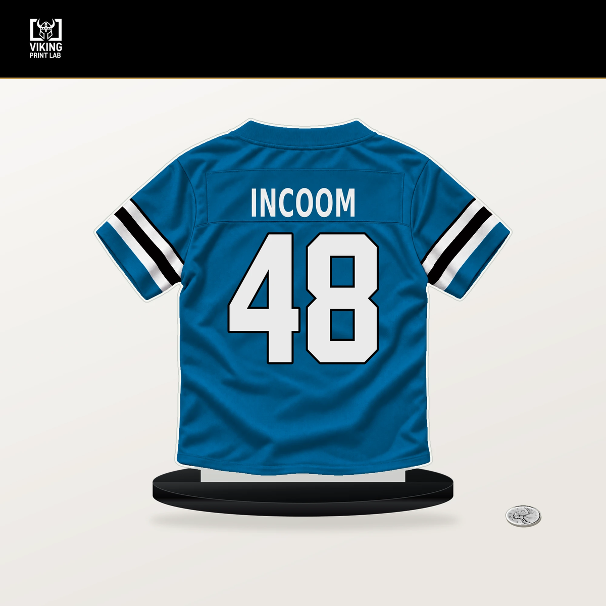 Thomas Incoom number 48 Carolina Panthers jersey stand with included black base.
