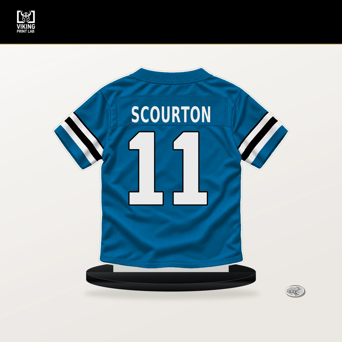 Nic Scourton number 11 Carolina Panthers jersey stand with included black base.