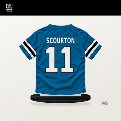 Nic Scourton number 11 Carolina Panthers jersey stand with included black base.