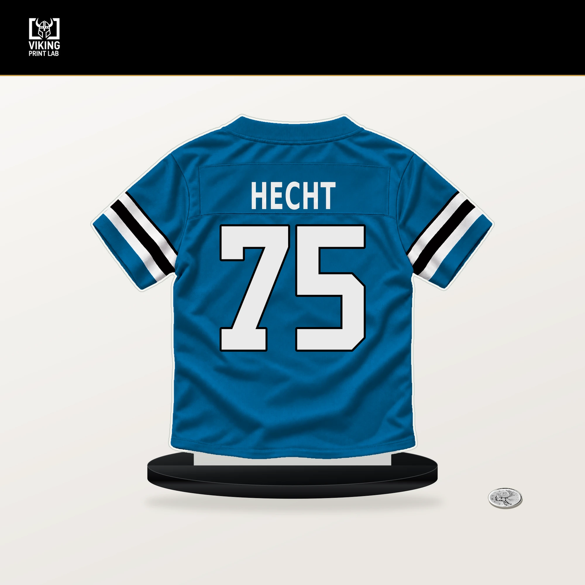 Sam Hecht number 75 Carolina Panthers jersey stand with included black base.