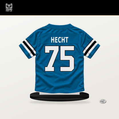 Sam Hecht number 75 Carolina Panthers jersey stand with included black base.