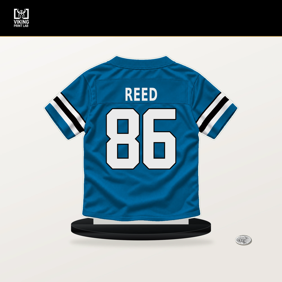 Ja'seem Reed number 86 Carolina Panthers jersey stand with included black base.