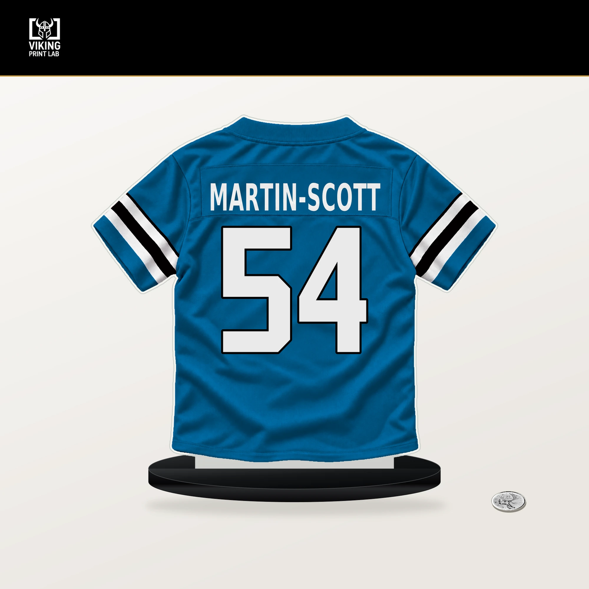 Bam Martin-Scott number 54 Carolina Panthers jersey stand with included black base.