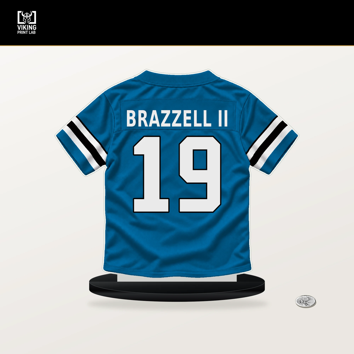 Chris Brazzell II number 19 Carolina Panthers jersey stand with included black base.