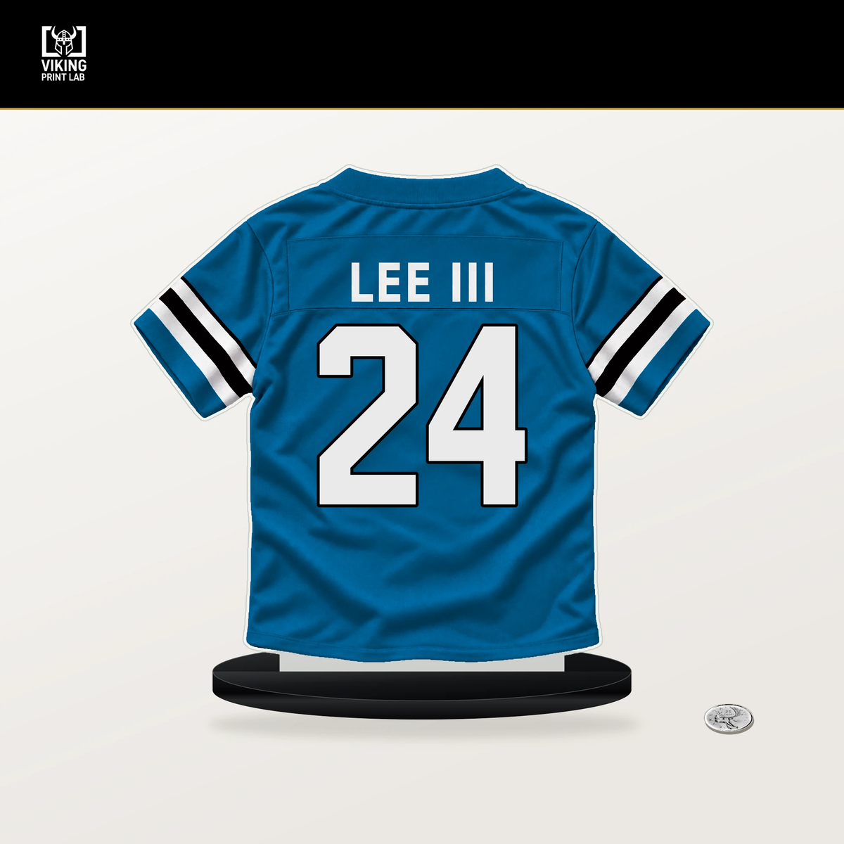 Will Lee III number 24 Carolina Panthers jersey stand with included black base.