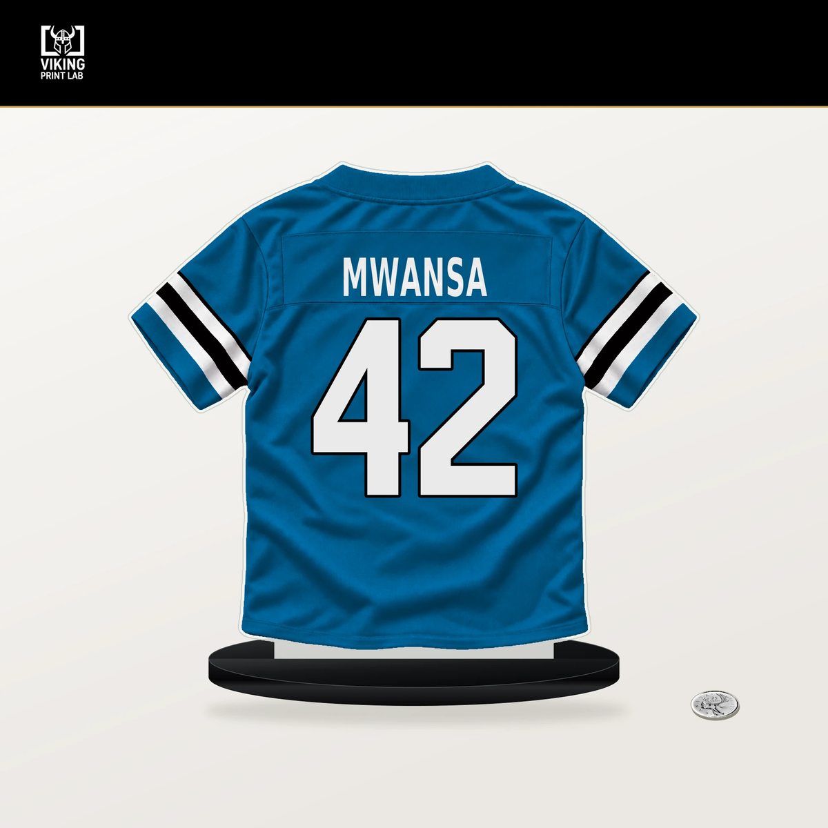 Mapalo Mwansa number 42 Carolina Panthers jersey stand with included black base.