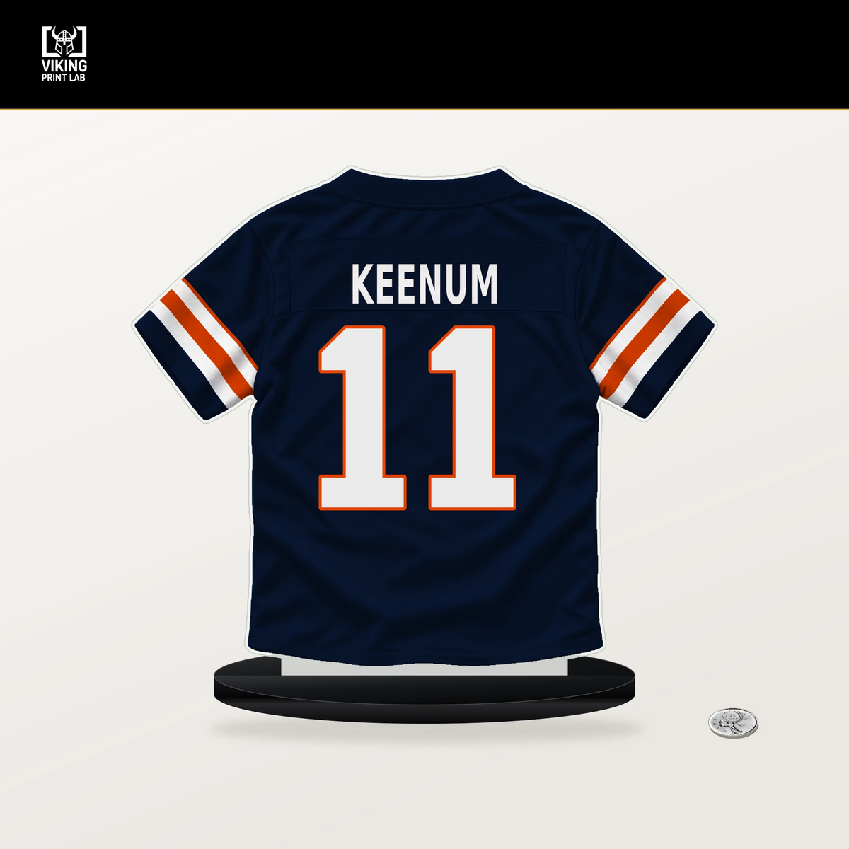 Case Keenum number 11 Chicago Bears jersey stand with included black base.