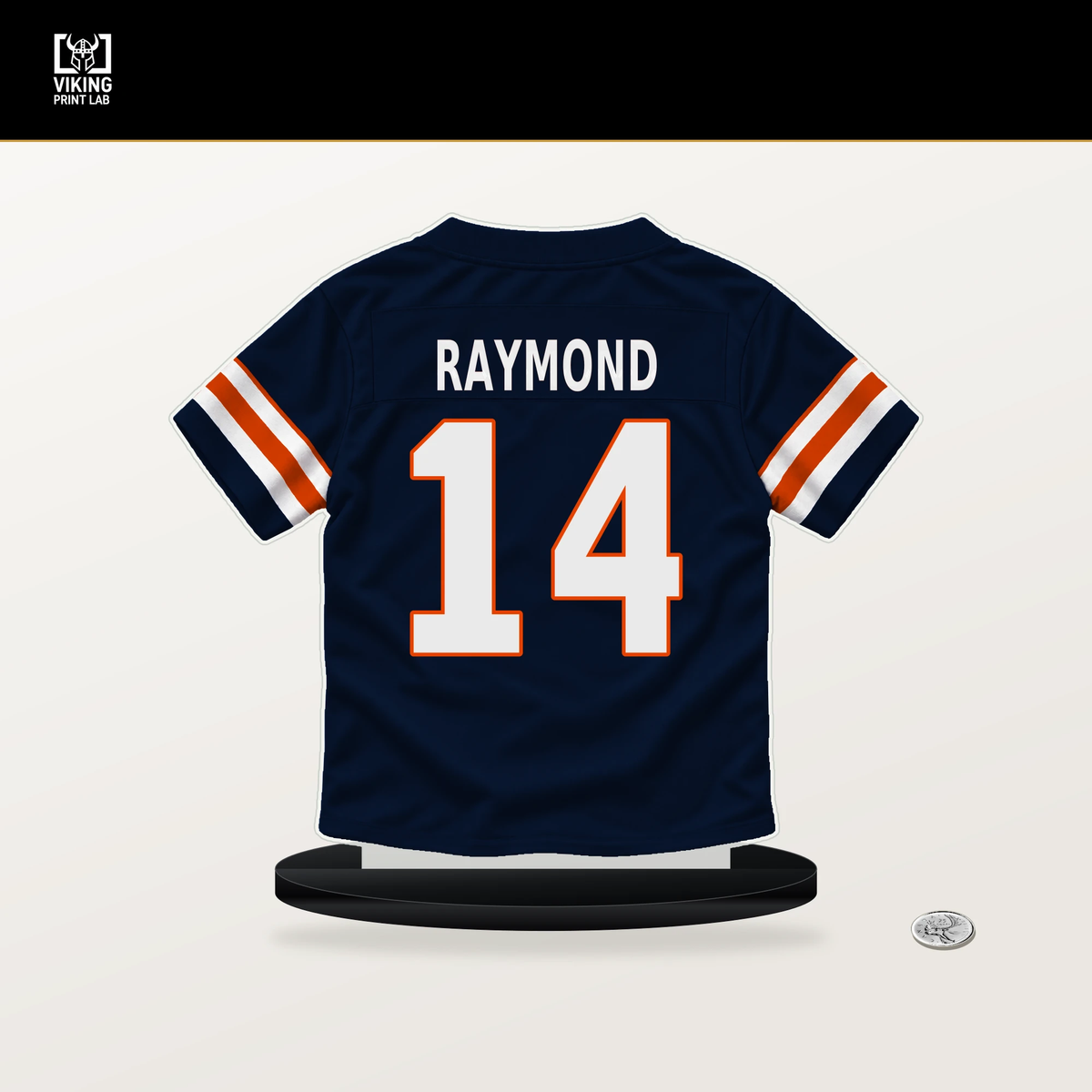 Kalif Raymond number 14 Chicago Bears jersey stand with included black base.