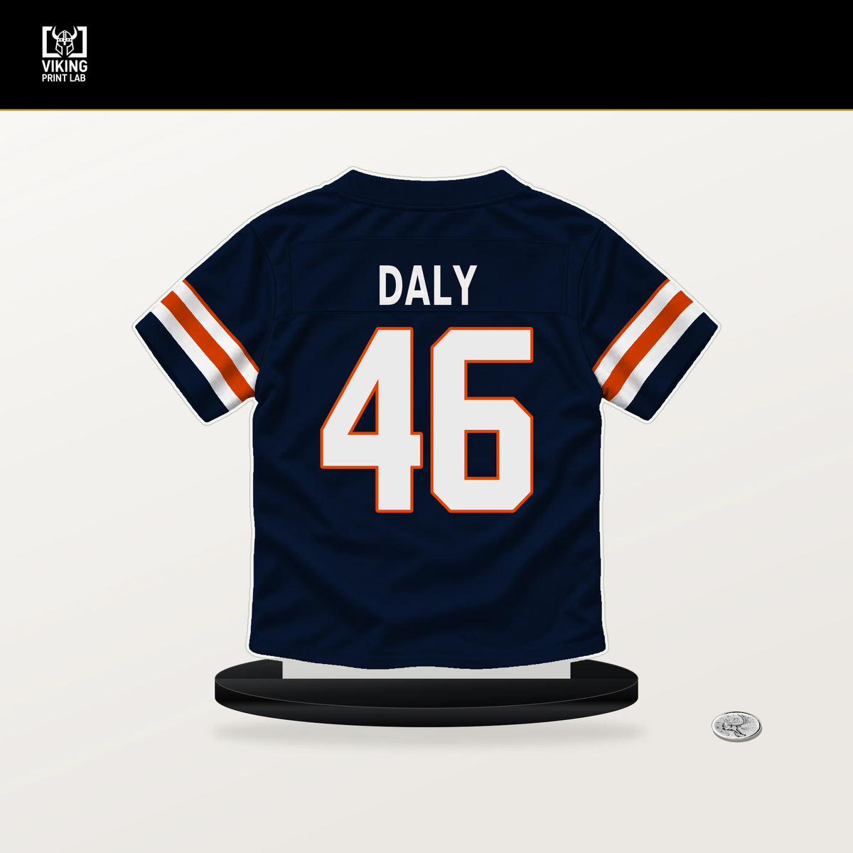Scott Daly number 46 Chicago Bears jersey stand with included black base.
