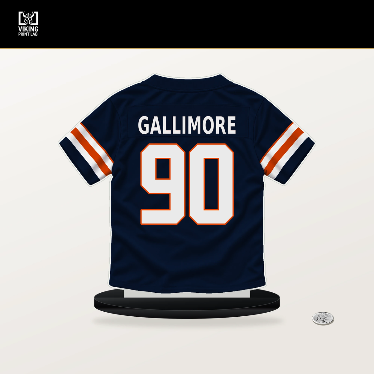Neville Gallimore number 90 Chicago Bears jersey stand with included black base.