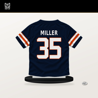 Scotty Miller number 35 Chicago Bears jersey stand with included black base.
