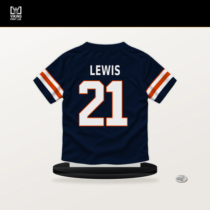 Cam Lewis number 21 Chicago Bears jersey stand with included black base.