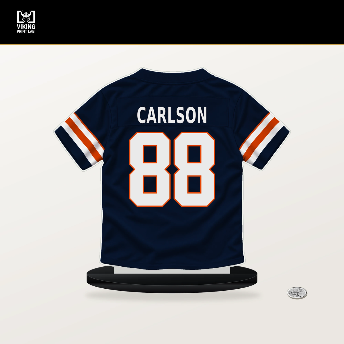 Stephen Carlson number 88 Chicago Bears jersey stand with included black base.