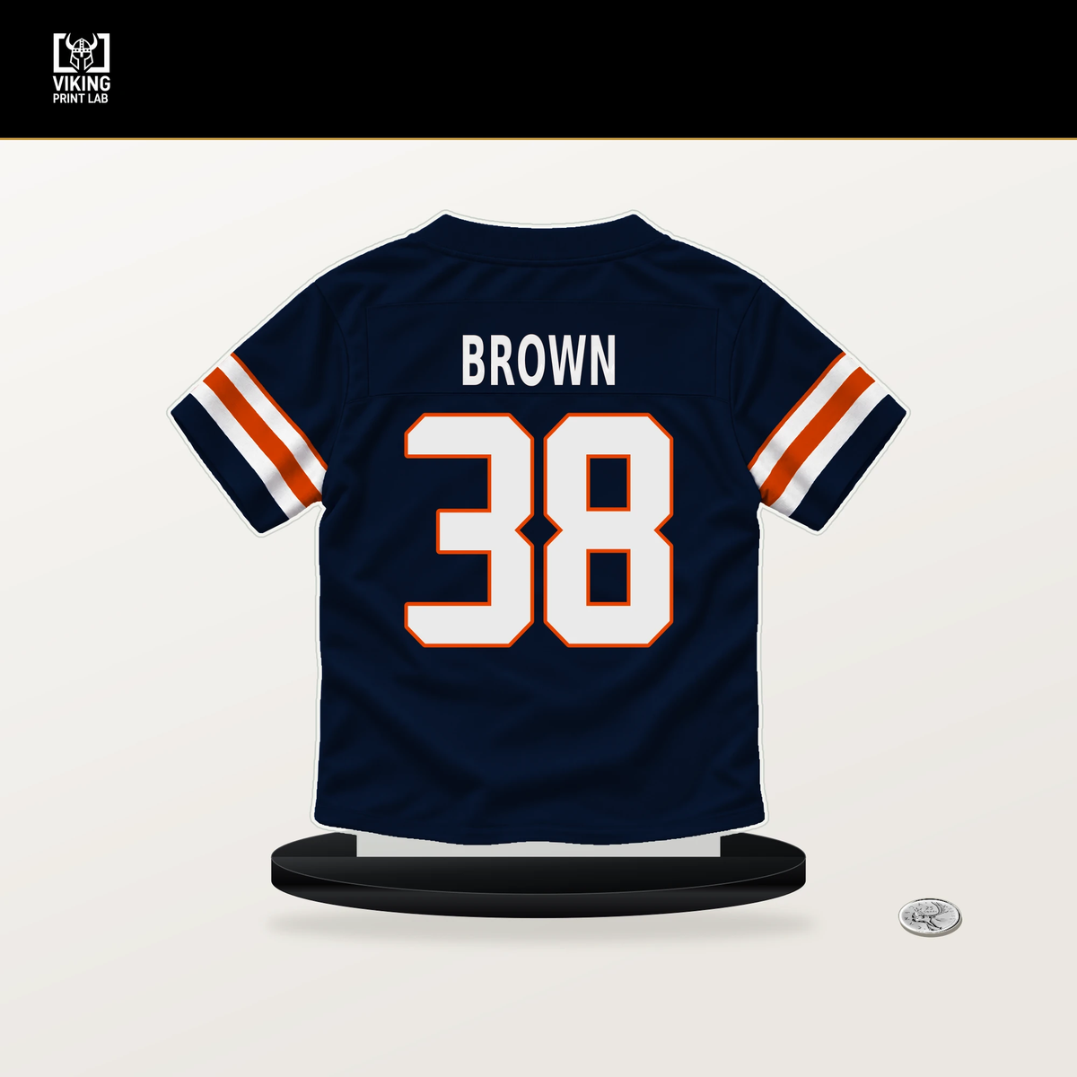 Brittain Brown number 38 Chicago Bears jersey stand with included black base.