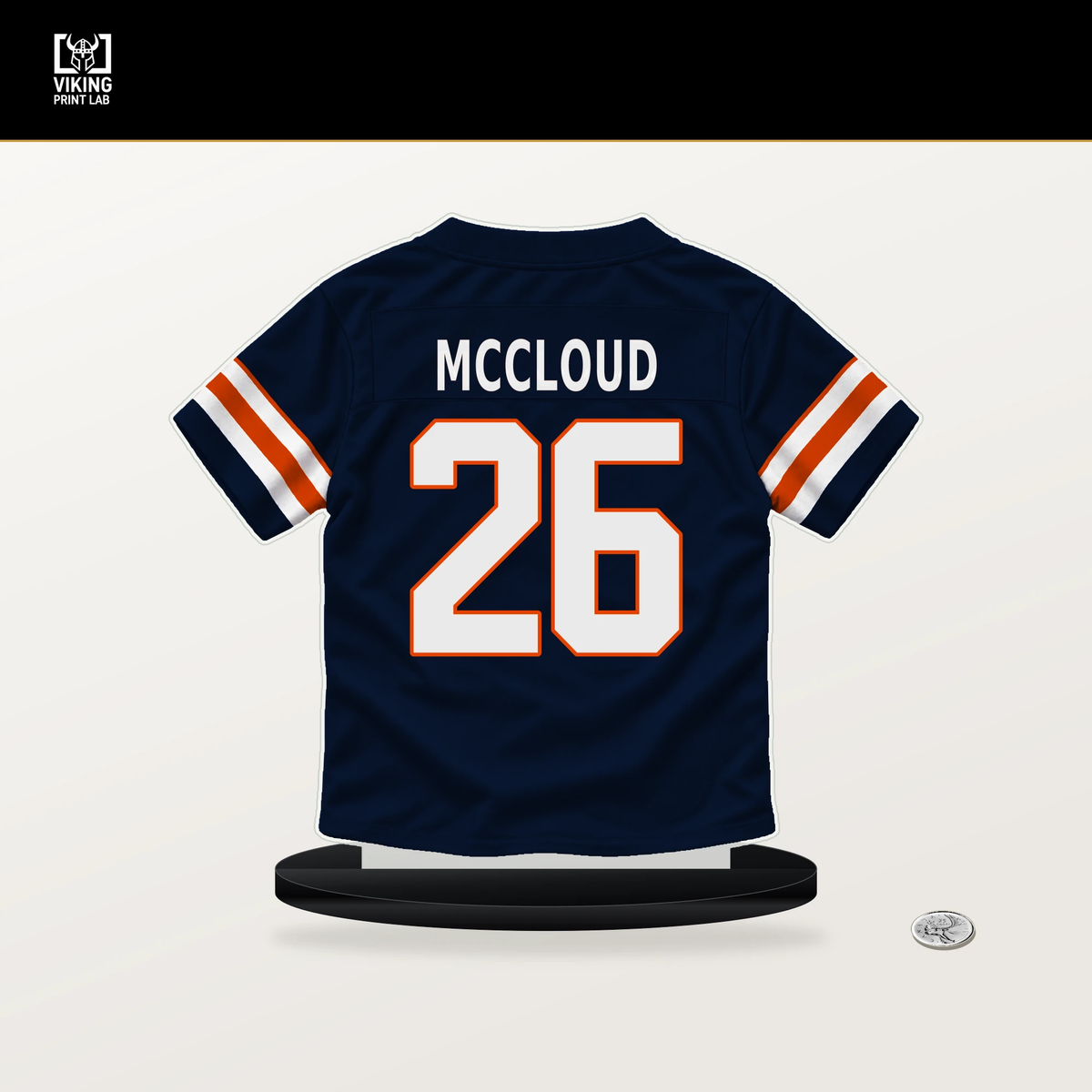 Nick McCloud number 26 Chicago Bears jersey stand with included black base.