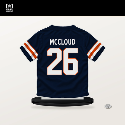 Nick McCloud number 26 Chicago Bears jersey stand with included black base.