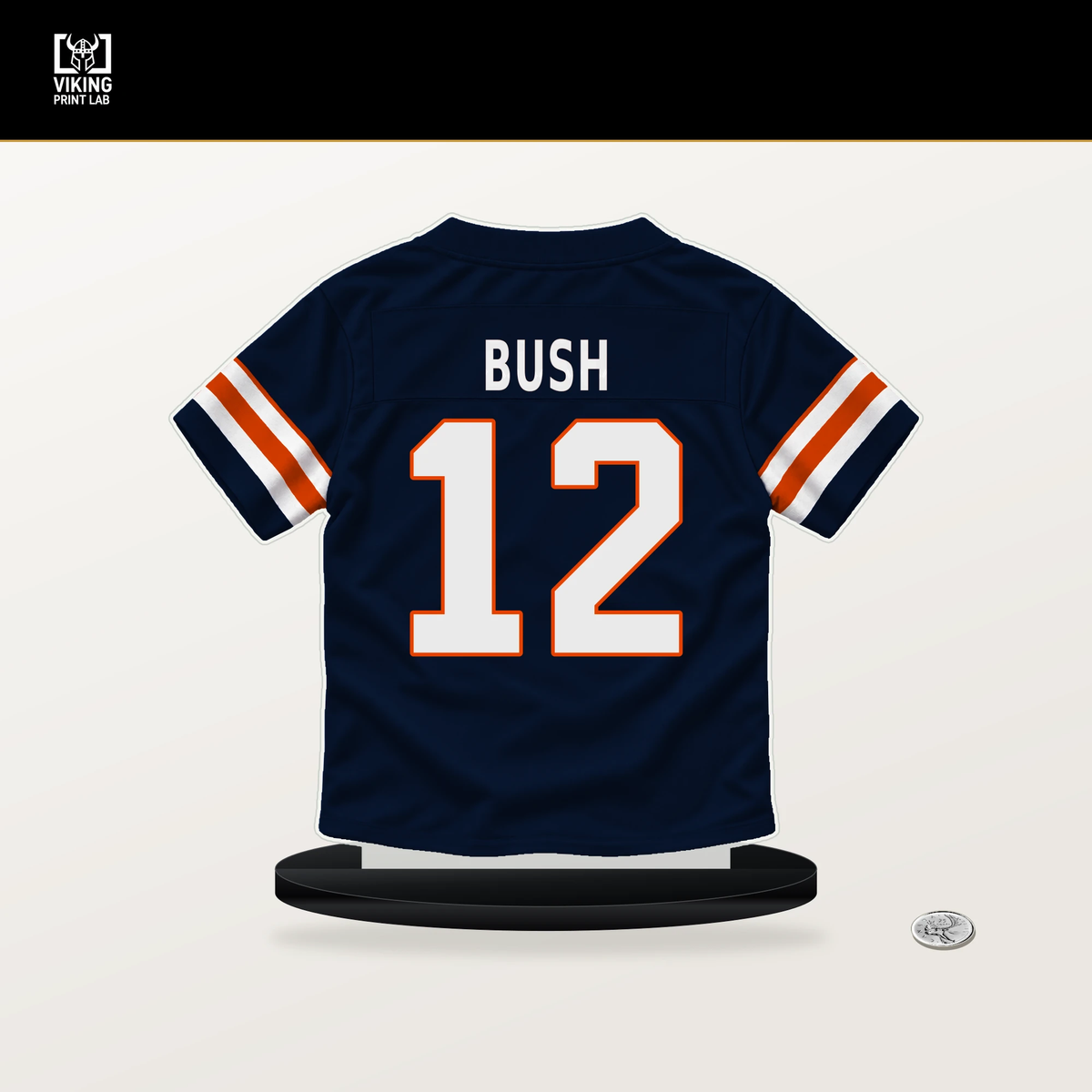Devin Bush number 12 Chicago Bears jersey stand with included black base.