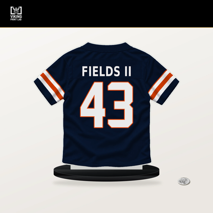 Tony Fields II number 43 Chicago Bears jersey stand with included black base.