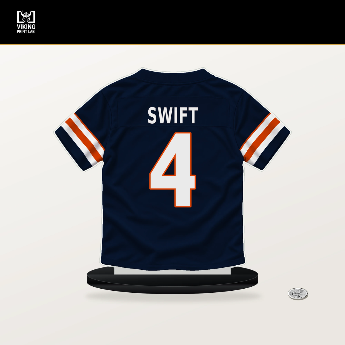 D'Andre Swift number 4 Chicago Bears jersey stand with included black base.