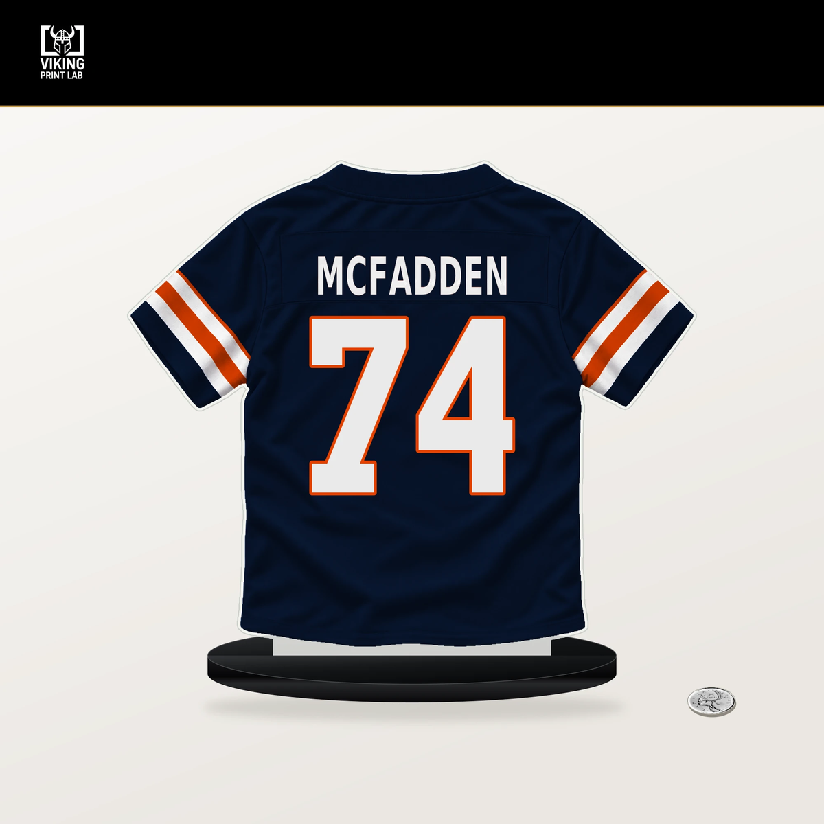 Jordan McFadden number 74 Chicago Bears jersey stand with included black base.