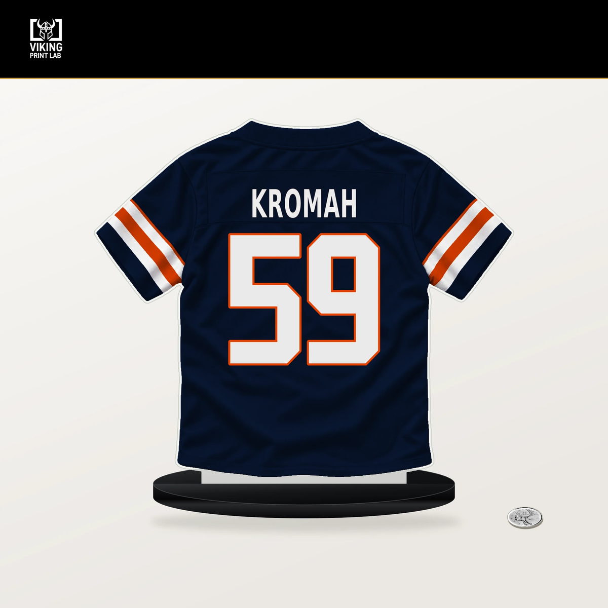 Jamree Kromah number 59 Chicago Bears jersey stand with included black base.