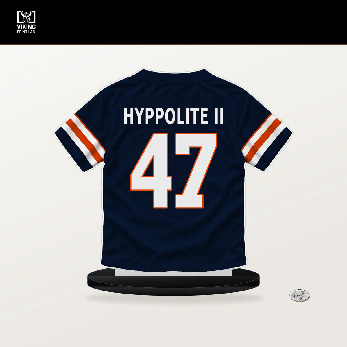 Ruben Hyppolite II number 47 Chicago Bears jersey stand with included black base.