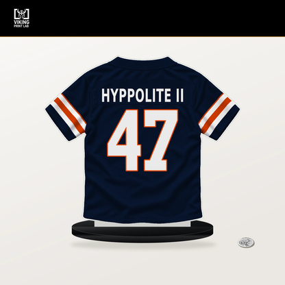 Ruben Hyppolite II number 47 Chicago Bears jersey stand with included black base.