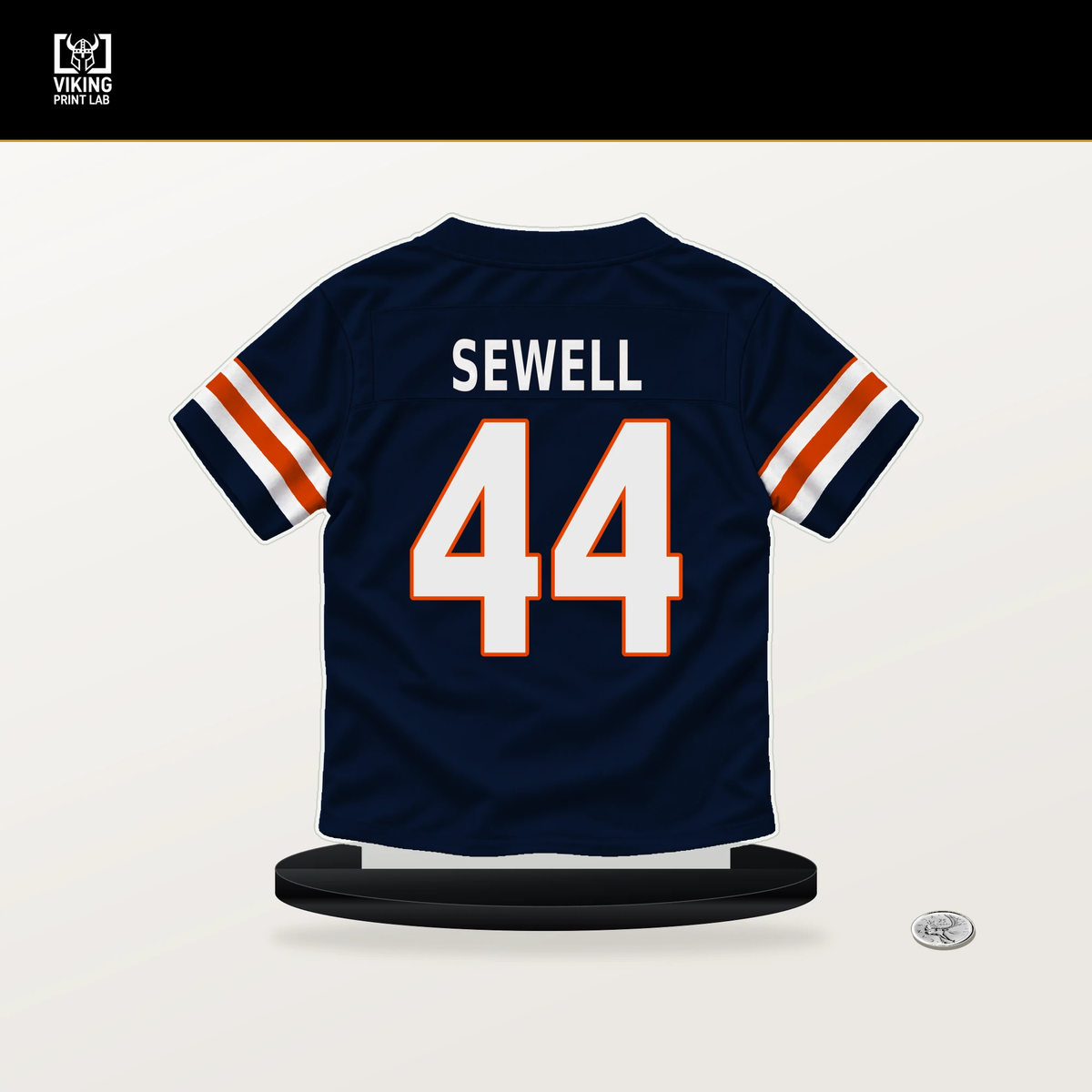 Noah Sewell number 44 Chicago Bears jersey stand with included black base.