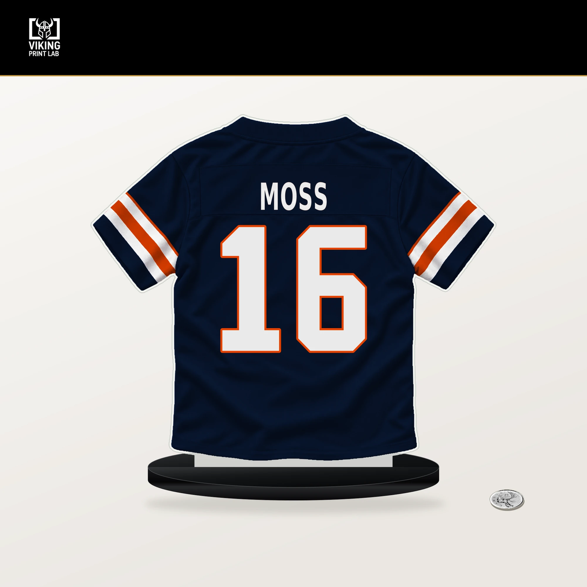 Miller Moss number 16 Chicago Bears jersey stand with included black base.